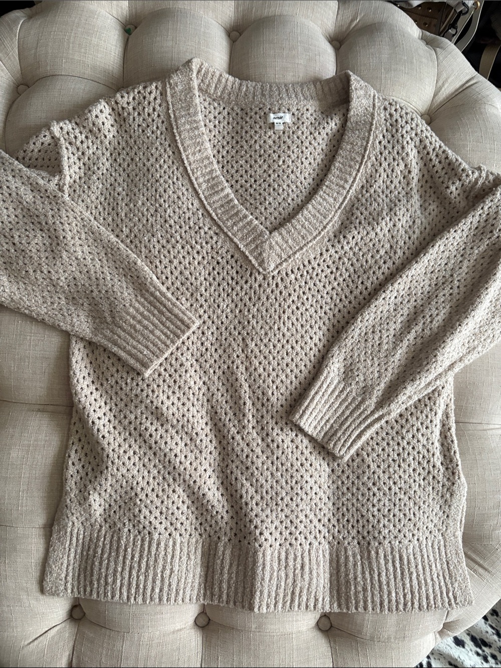 aerie Open Knit V-Neck Sweater in Light Beige